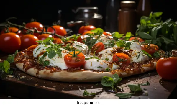 Pizza with Tomatoes, Basil, and Mozzarella Cheese