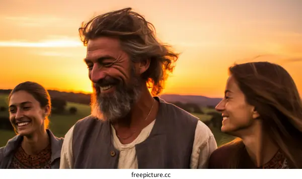 Family enjoying the sunset in the countryside