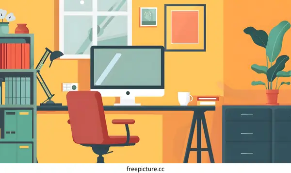 Yellow Wall Home Office Interior Design With Computer And Desk