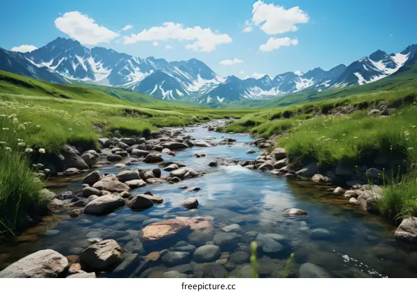 Serene Mountain River Landscape with Snow-Capped Peaks