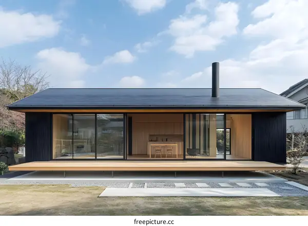 Modern Minimalist Japanese House with Sliding Glass Doors and Wooden Deck