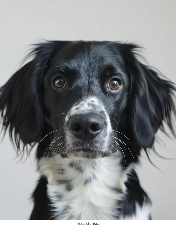 A black and white dog looking at the camera