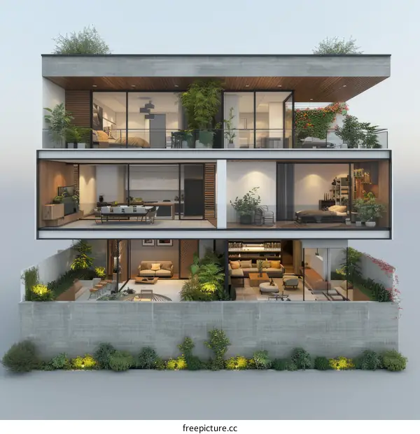 House with Three Floors, Big Windows, and Plants