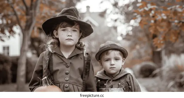 Two children dressed in vintage Halloween costumes