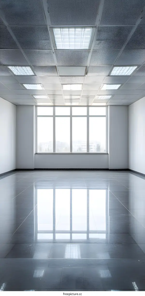 Empty Office Space with Large Windows and Tiled Floor
