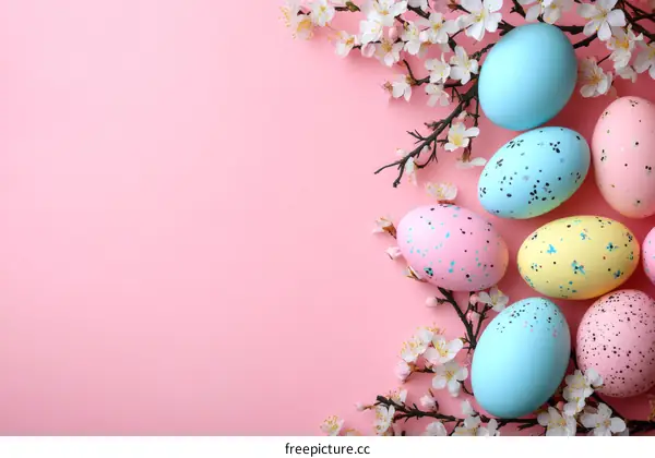 Easter Eggs and Blossoms on Pink Background