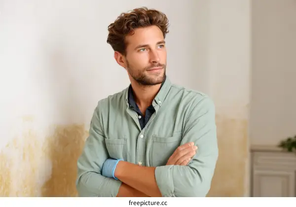 Caucasian Man with Arms Crossed Contemplative Portrait