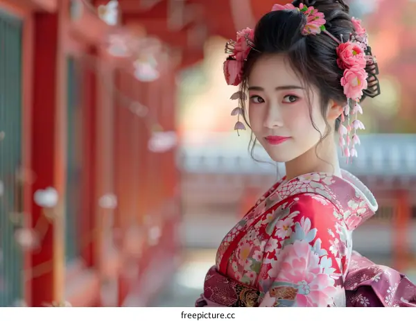 Young East Asian Woman in Kimono at a Temple