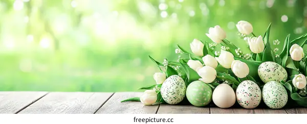 Easter Decoration with Tulips and Eggs on Wooden Surface