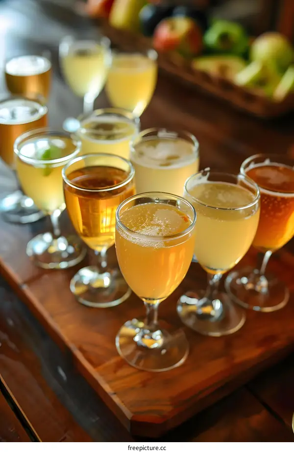 Closeup of a Row of Different Types of Apple Cider in Glasses on Wooden Table