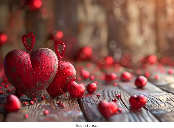 Red heart-shaped ornaments are scattered on the table