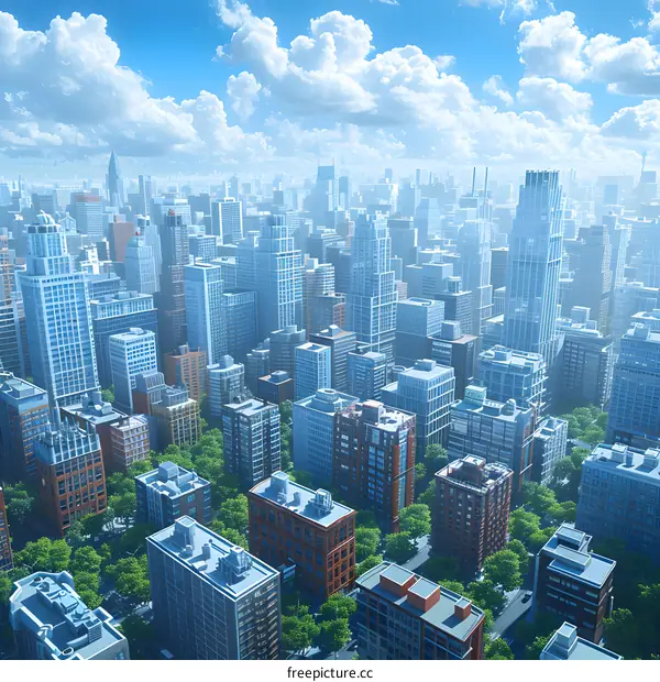 Cityscape of a modern city with skyscrapers and lush green trees