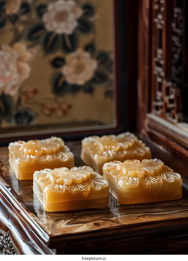 Closeup of Four Chinese Traditional Cakes on Wooden Table