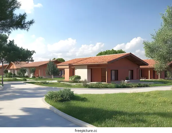 Modern Suburban Homes with Lush Green Grass and Blue Sky