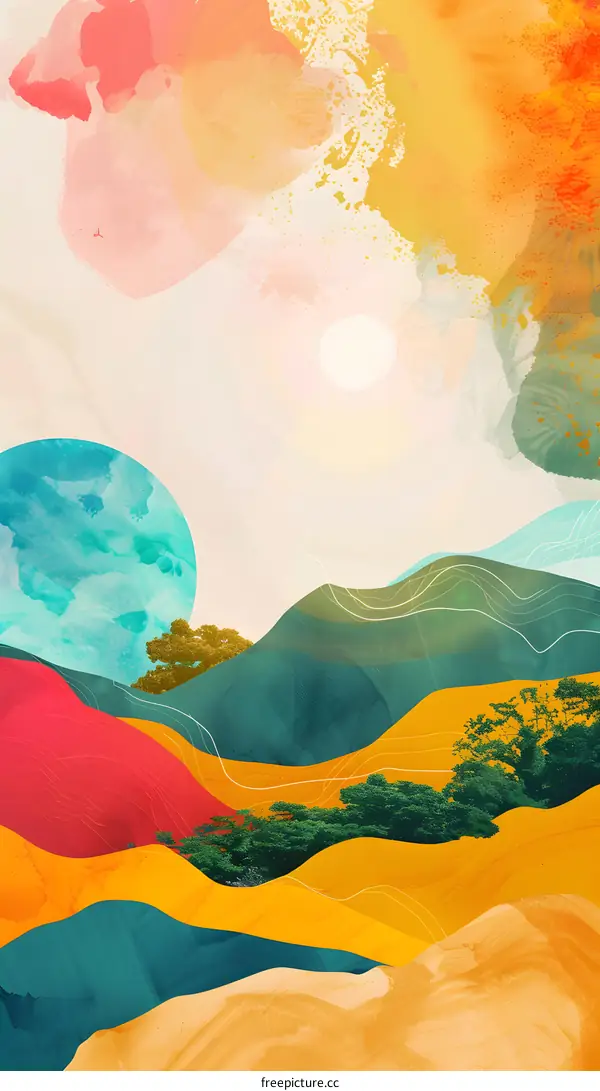 Abstract Watercolor Landscape With Sun and Green Trees