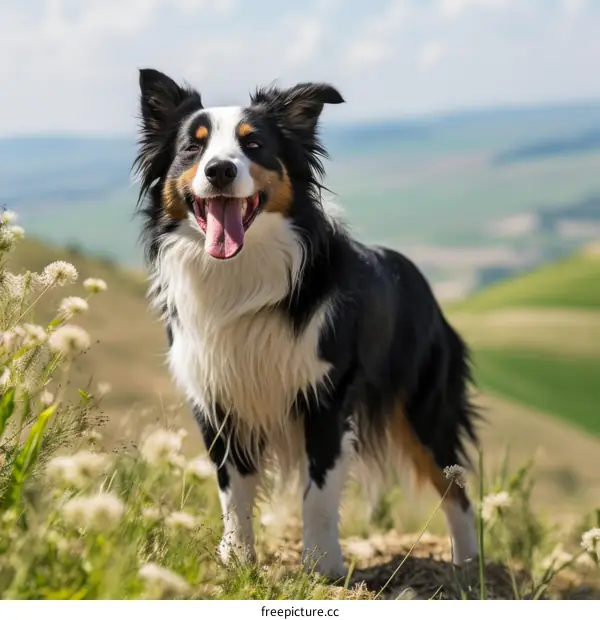 A Border Collie standing in a field of flowers