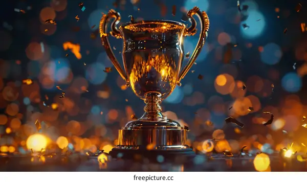 Golden trophy with confetti falling in the background