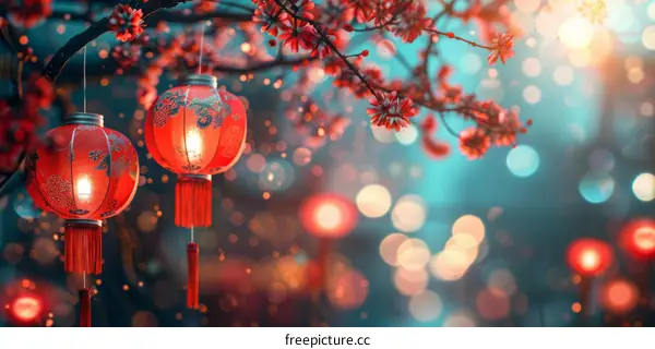 Red paper lanterns hanging from a tree with pink flowers