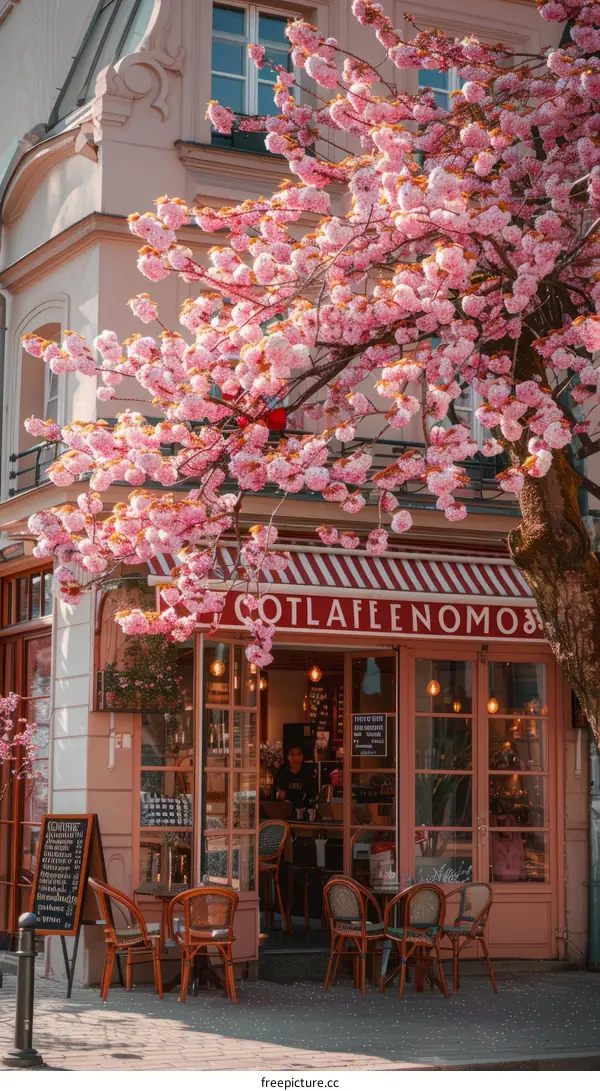 Pink flowers blooming outside a cafe