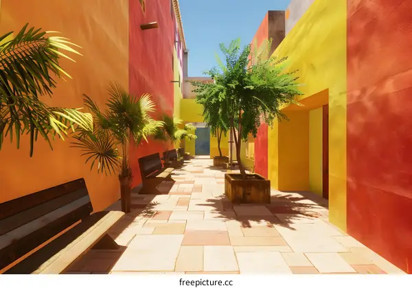 Colorful Alleyway With Benches And Palm Trees