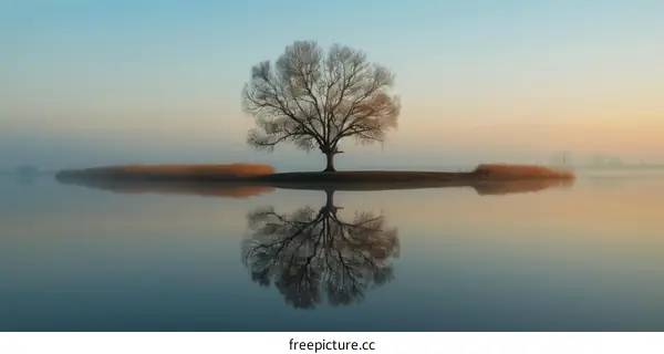 A Lonely Tree Stands in the Middle of a Lake on a Misty Morning