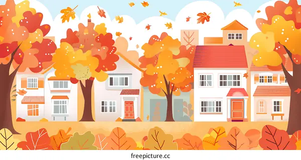 Autumn Landscape with Houses and Trees