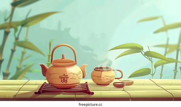 Traditional Chinese Tea Ceremony Illustration with Kettle, Cup and Bamboo Background