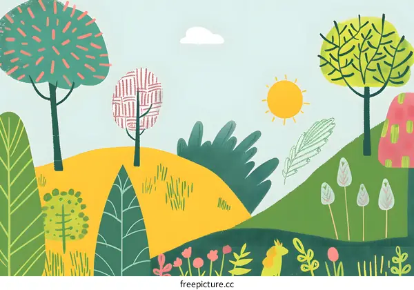 Colorful Illustrated Landscape with Trees, Hills and Sun