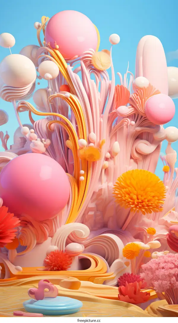 Whimsical 3D Rendering of a Colorful, Dreamlike Abstract Landscape