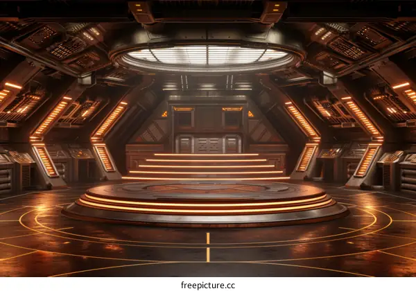 futuristic spaceship interior with a large circular platform in the center