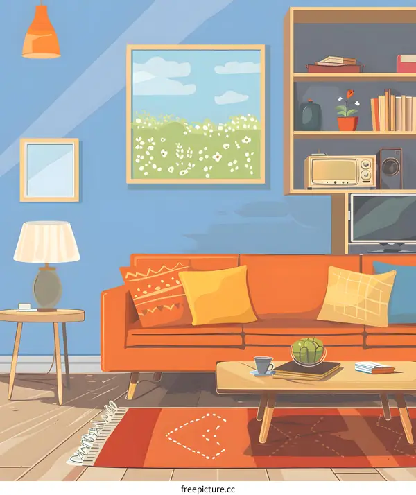 Cartoon Illustration of a Living Room Interior Design with Orange Sofa and Bookshelf