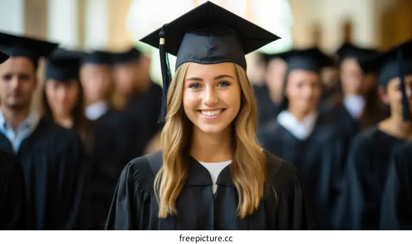 A young woman in a graduation cap and gown smiles at the camera
