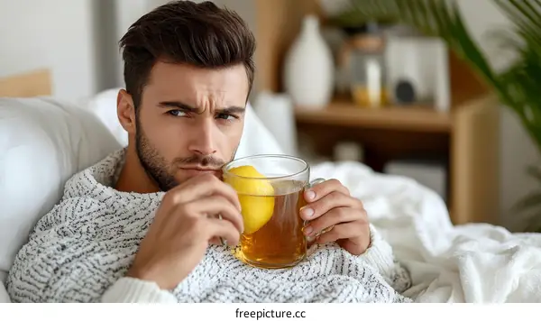 Man Drinking Lemon Tea in Bed