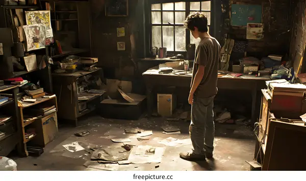 Young Man Standing in Messy Room
