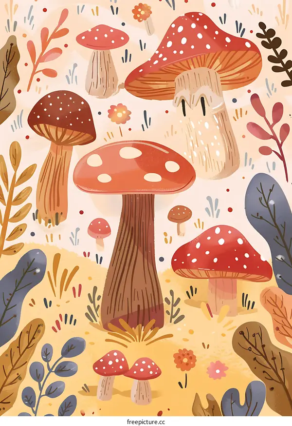 Colorful Mushrooms Illustration in Autumn Forest