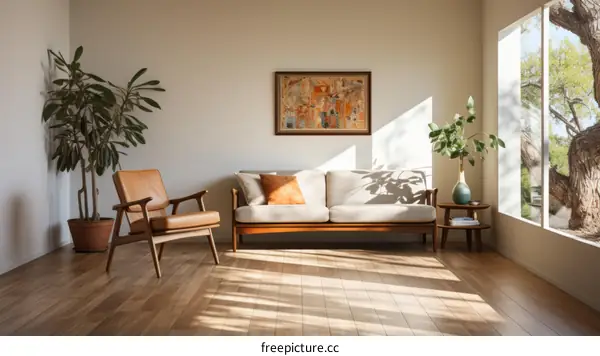 Retro Home Interior Design with Wood Floor and Large Windows