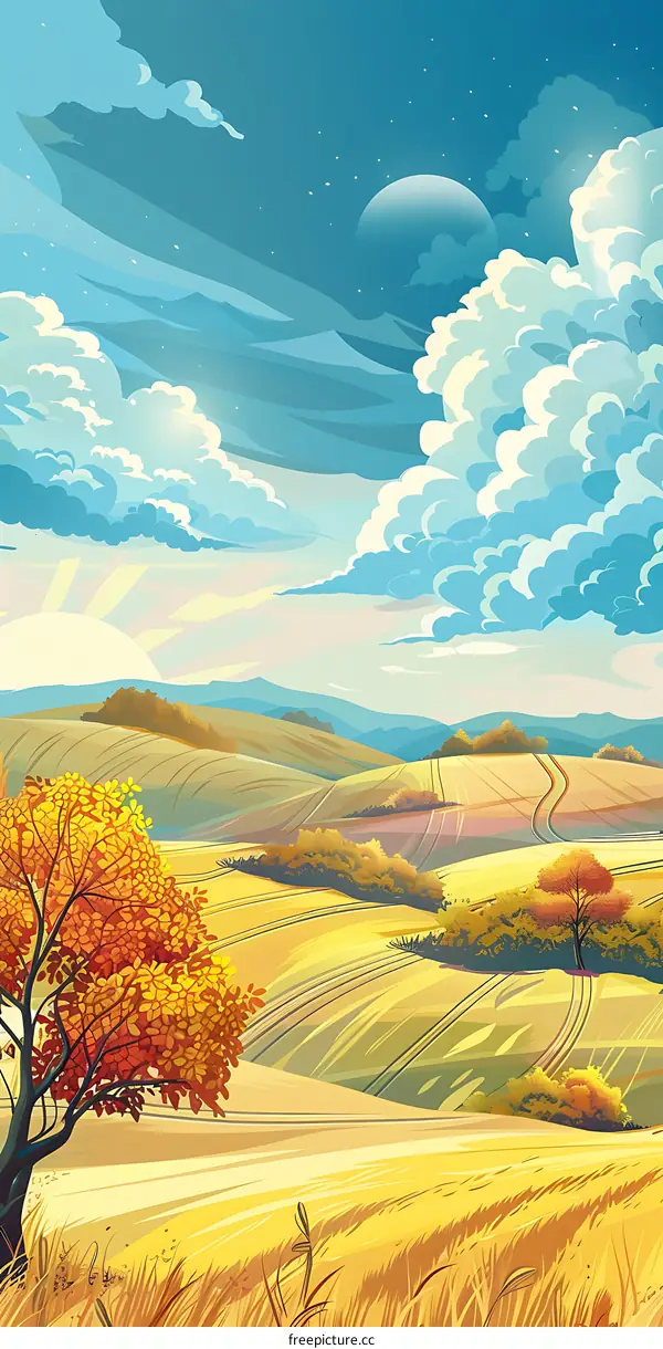 Autumn Landscape with Golden Fields and Blue Sky