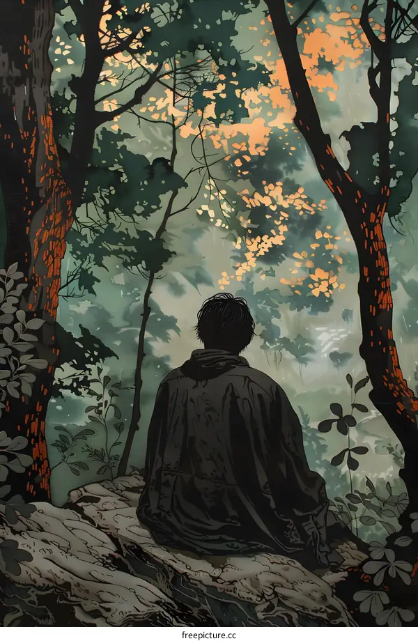 A person sitting on a rock in the middle of a forest