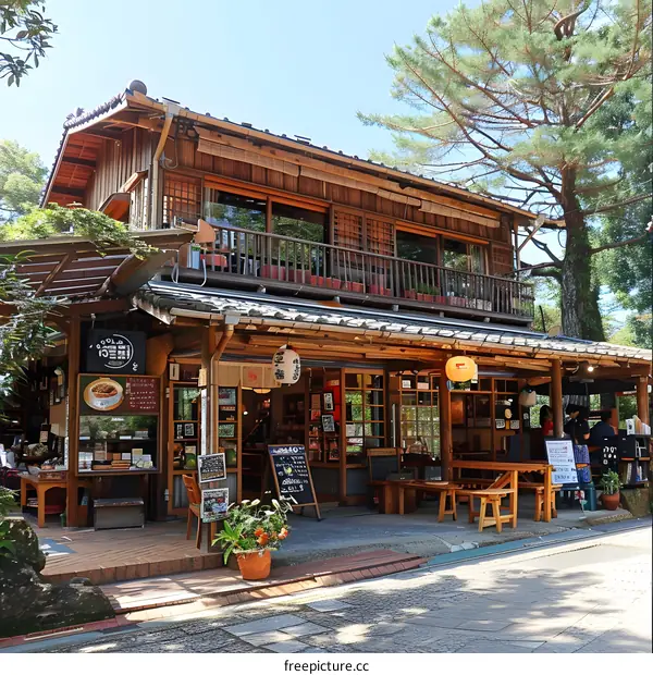 A traditional Japanese restaurant with a wooden exterior and a sign that says Ocha no ma