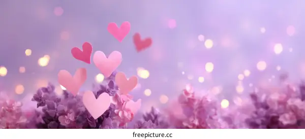 Romantic Pink Hearts Floating Over Lilac Flowers