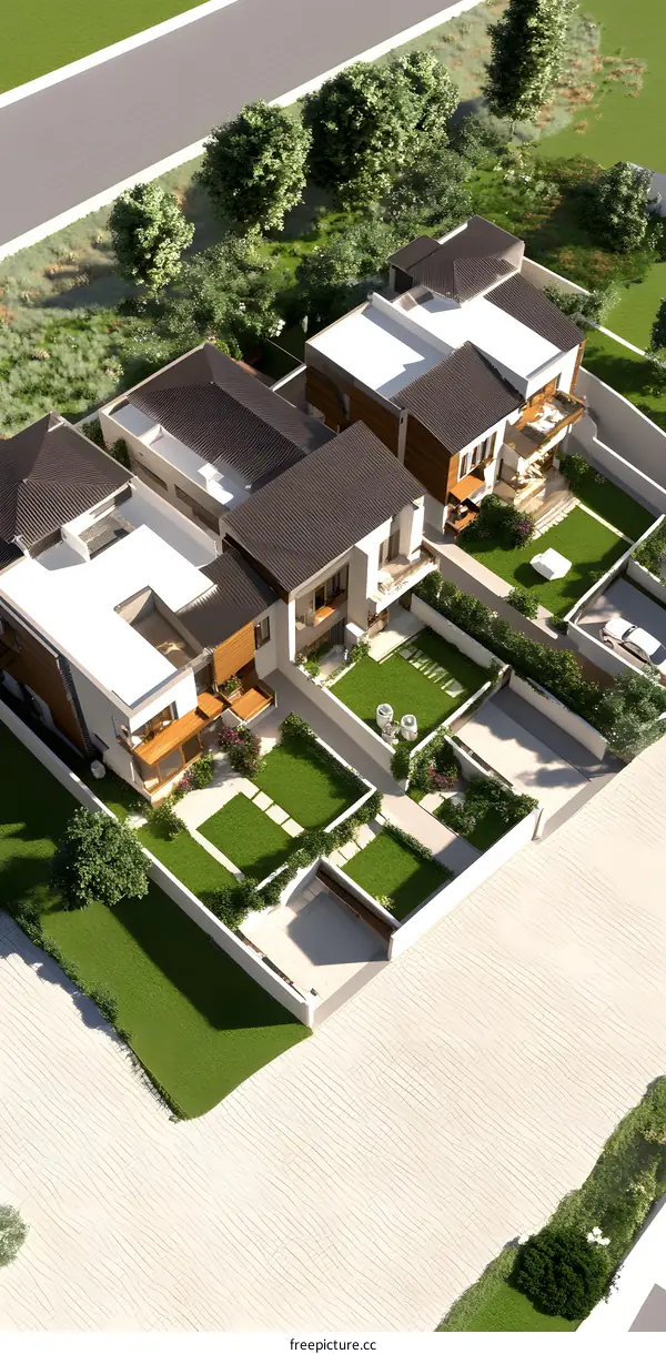 Modern Houses with Green Gardens Aerial View