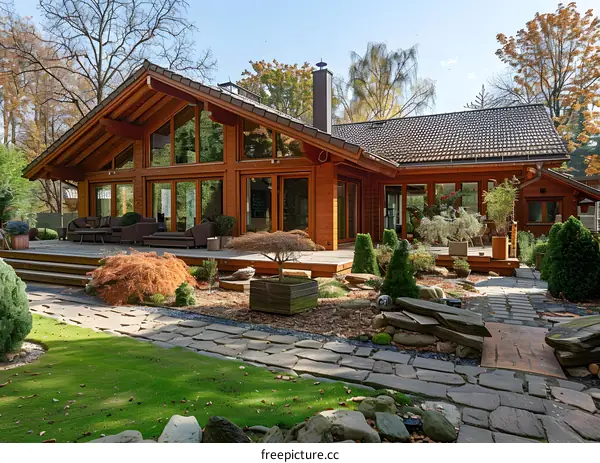 Modern wooden house with large glass windows and a spacious terrace surrounded by trees and plants