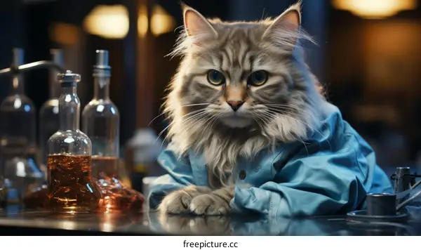 A cat wearing a blue shirt is sitting on a table in a bar