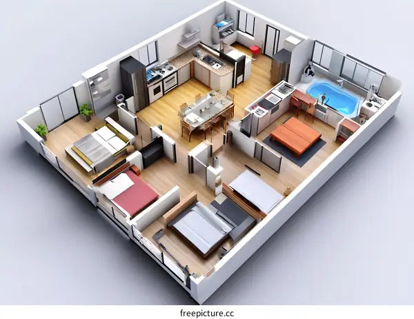 Top View 3D Illustration of Modern Apartment Interior Design with Furniture