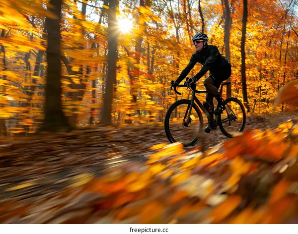Cyclist riding through a forest in autumn