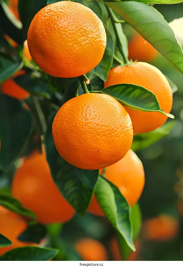 A close-up image of a cluster of ripe and fresh mandarin oranges hanging from a tree branch with green leaves in the background