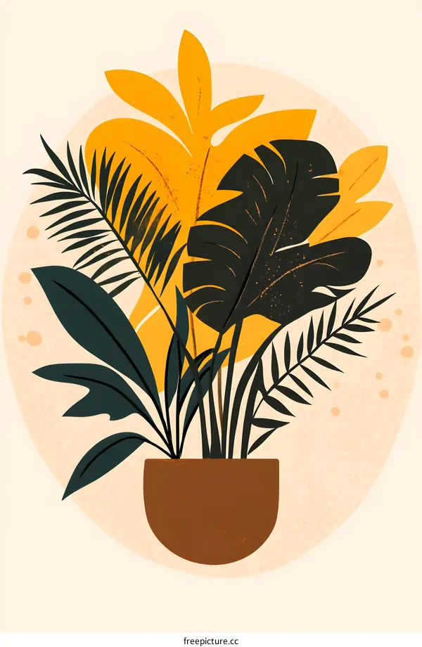 Tropical Leaves in Pot on Beige Background
