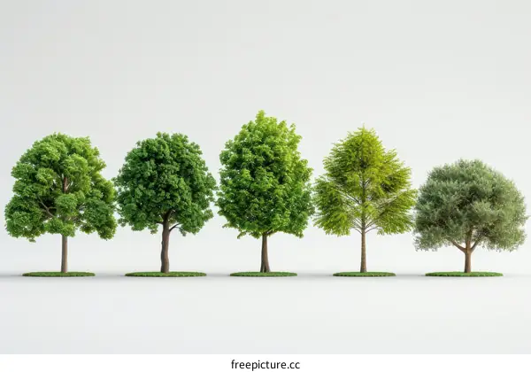 3D illustration of five different types of trees
