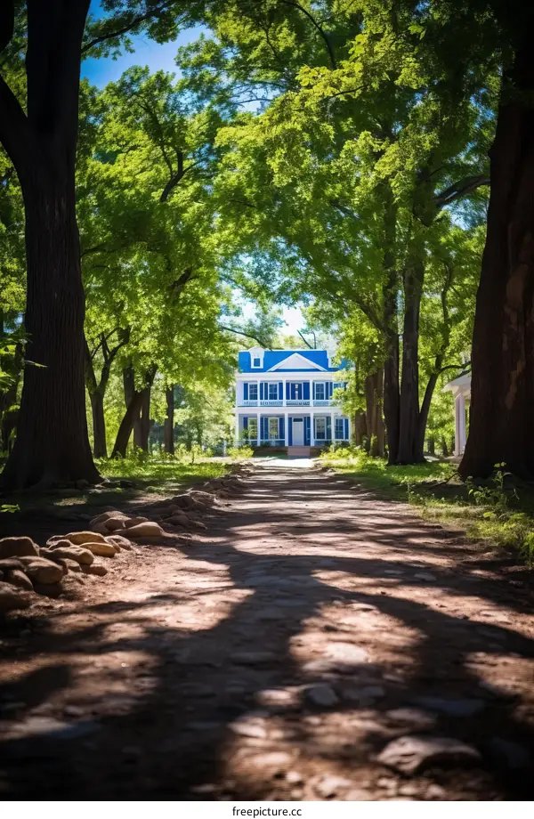 Dirt Road to Blue House Enshrouded by Massive Trees