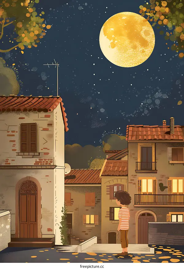 Night View of European City with Full Moon